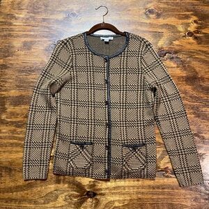 Pendleton Brown & Black Merino Wool Glen Check Plaid Leather Trimmed Cardigan M